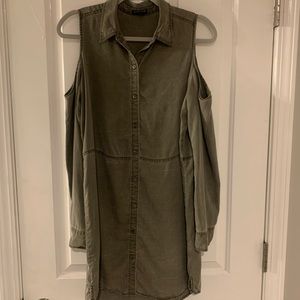 Express army green, open shoulder dress